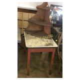 Enamel top table and wood corner shelves