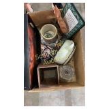 wooden tray, crock, quilt wall hanging, &