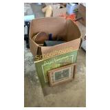 box of goodies & 2 framed pictures