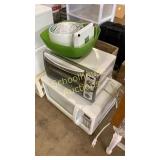 microwave, toaster oven, and small fan