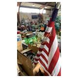 box of pillows, bag, & american flag