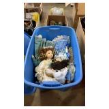 tote of vintage dolls + stuffed animal cat