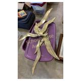 tote of christmas items & gold bird decorations