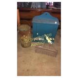 Decor lot. Wood wall cabinet. Tall rusty can.