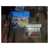 Group of tackle boxes with tackle. Blue and white