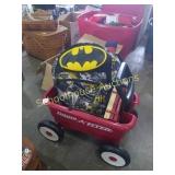 Plastic radio flyer wagon and batman back pack