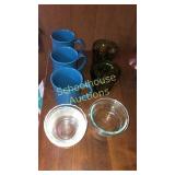 3 Corning Ware mugs, 2 green glass cups, 4 Pyrex