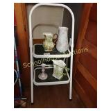 Set of 4 hand painted pottery and short stepstool