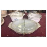 3 covered casserole dishes. Pyrex is divided,