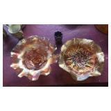 3 carnival glass. 3 leg pedestal bowl, dish, St