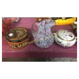 SnowBird oil mop tin, glass pitcher, Prussia bowl