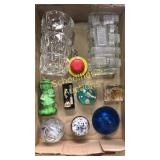 Flat of paperweights & vases. Front row is