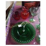 Group of green glass candy dish and 2 crackle
