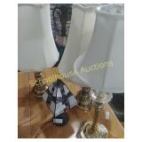 Lot of 4 lamps 3 brass & a stained glass style
