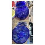 Blue glass pitcher, bowl, and napkin holder