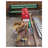 Misc gardening tools, gas can, and sprinkler head