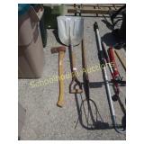 Axe, scoop shovel, and pitchfork