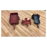 3 small metal wagons. Blue (silver) is marked