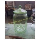 Green depression glass cracker jar
