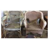 Two brown wicker chairs non matching.