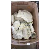 Medium tote full of white glassware. Some