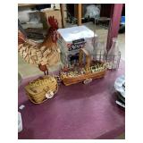 Longaberger baskets with rooster and milk bottles