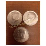 3 kennedy half dollars, 40 percent silver 1965,