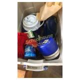 Tote with lid of thermoses & coffee pot, etc