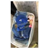 Tote with lid of blue jeans & stuffed animals