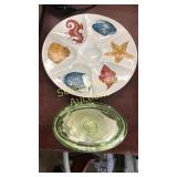 Green glass dish (couple small chips) & sea