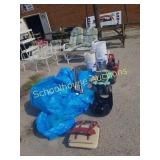 Group of treasures tent, rocking horse, buckets,