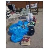 Group of treasures tent, rocking horse, buckets,