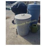 Galvanized trashcan with lid and bonus water can