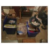 Group of 4 boxes of vintage pillows, clothes and