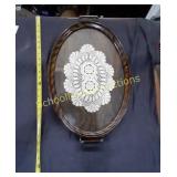 Large Glass & Wood Vintage Tray with Handles