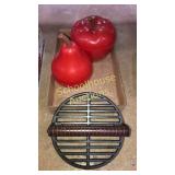 2 plastic fruit canisters & cast iron press