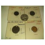 1964 quarter and 4 foreign coins