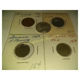 1964 quarter and 4 foreign coins