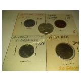 1964 quarter and 4 foreign coins