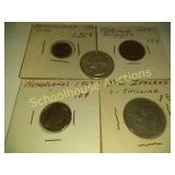 1964 quarter and 4 foreign coins