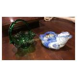 Green glass basket & China bird teapot