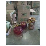 2 glass red dishes with lid, wood candle holder,