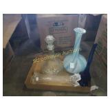 2 glass vases, glass decanter, and blue case