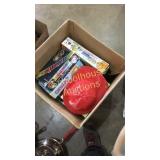 Large box of board games, 3 red plastic firemens