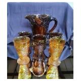 Amber Pitcher with 5 Glasses no marking