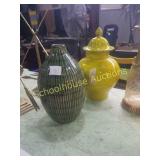 Pair of pottery vases. Yellow one marked made in