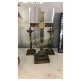 3 pc brass set. Cross is 24.5 x 11. Candlesticks