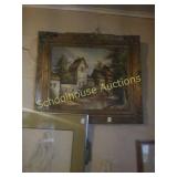 1 large stone house oil painting and 1 smaller