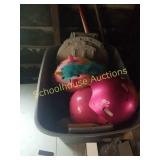 Tote with helmets, kids toys