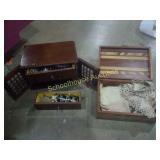 Pair of jewelry boxes with jewelry and linens